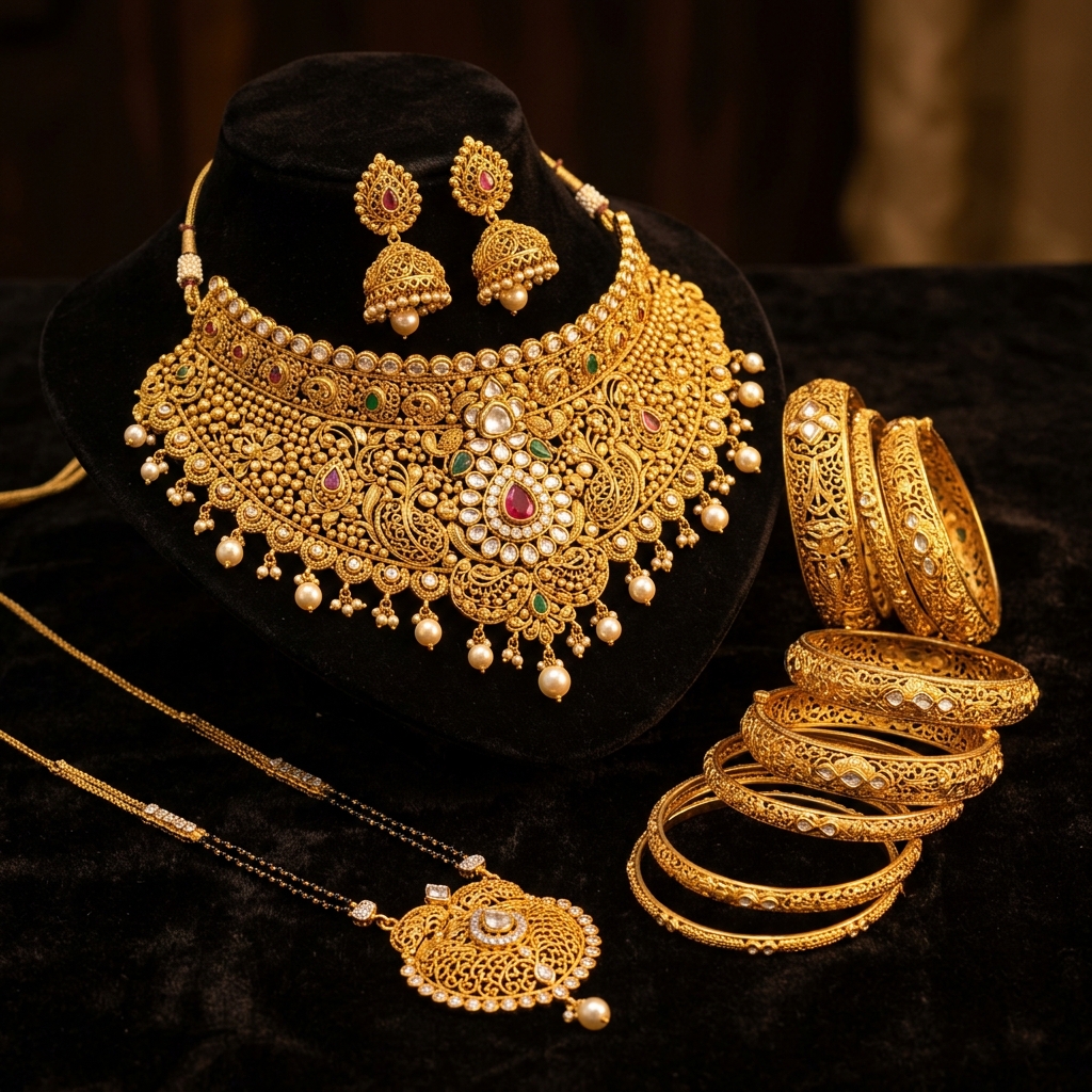 22K Gold Necklace, Bangles, Rings & Earrings in Beed